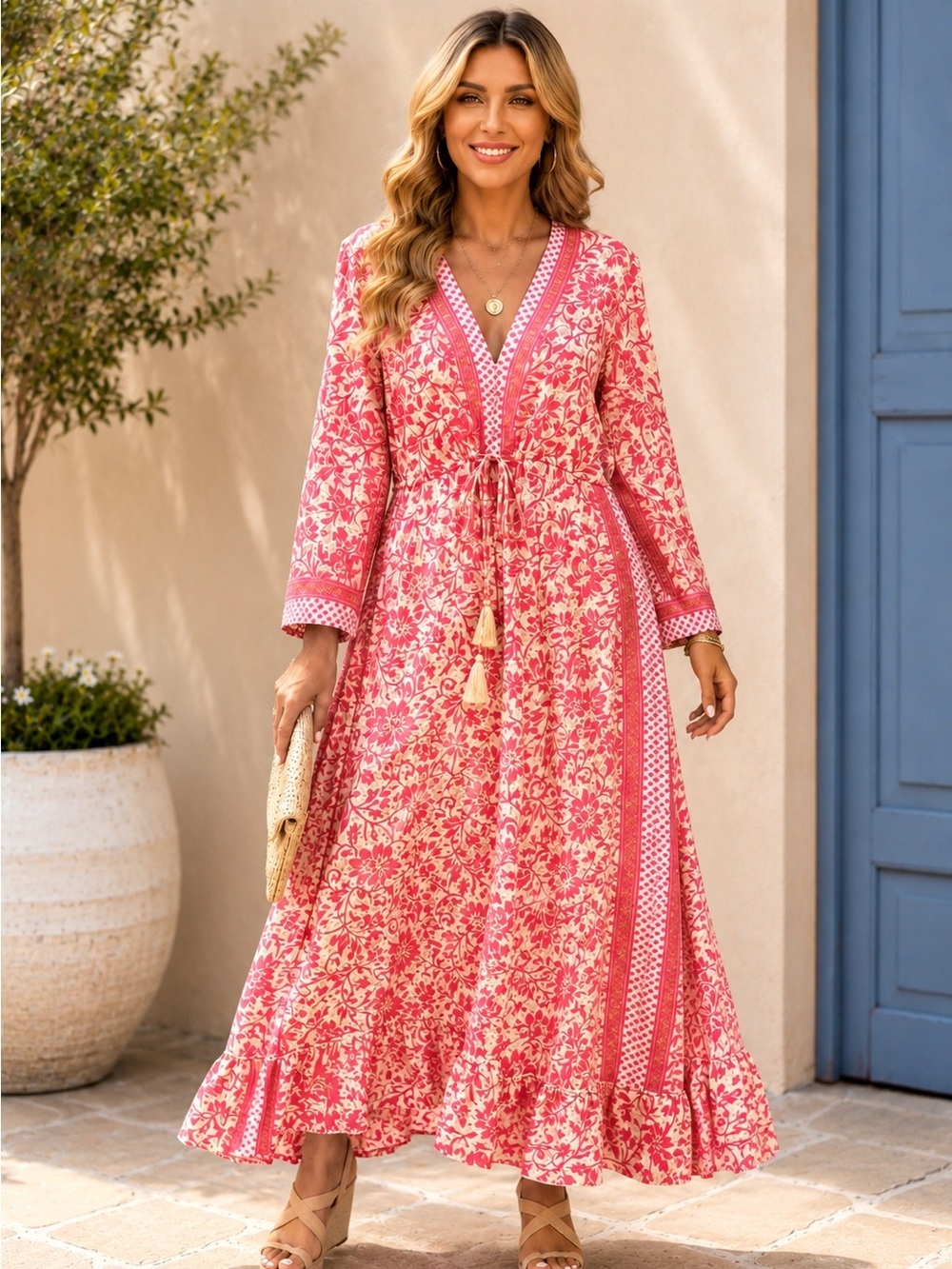 Boho Floral V-Neck Pink Maxi Dress with Tassel Drawstring